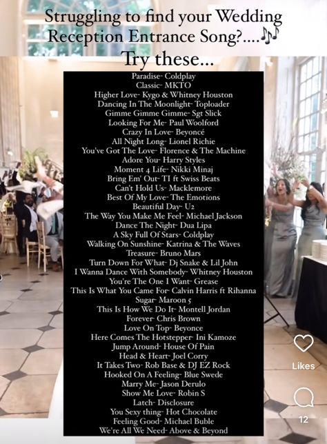 Reception Songs Playlist Ideas, Grand Entrance Wedding Songs, Wedding Reception Songs Playlists Fun, Grand Entrance Songs, Grand Entrance Wedding, Wedding Party Entrance Songs Country, Wedding Reception Music Playlist, Reception Entrance Songs, Beyonce All Night