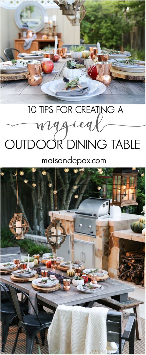 Outdoor Tables With Lights, Patio Dining Table Decor, Outdoor Dining Tablescapes, Outdoor Fall Tablescapes, Simple Outdoor Table Decor, Outdoor Table Cloth Ideas, Fall Outdoor Tablescapes, Autumn Outdoor Dinner Party, Romantic Dinner Table Setting For Two Date Nights Outdoor Dining