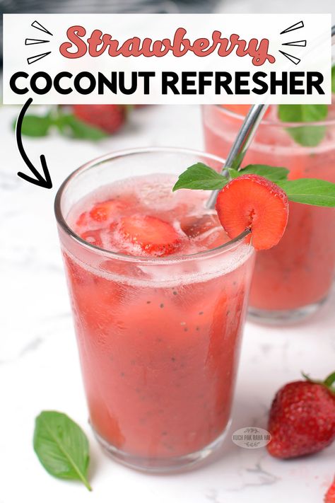 Strawberry Coconut Refresher Fruit Refreshers, Healthy Coconut Drinks, Coconut Refresher Drink, Strawberry Refresher, Refresher Recipes, Coconut Water Refresher, Drinks Made With Coconut Water, Refresher Drinks, Coconut Water Drink Recipes