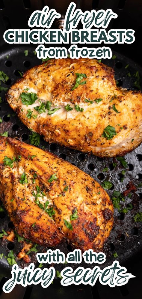 An overhead close up view of two chicken breasts in an air fryer basket. How To Bake Chicken In Air Fryer, Air Fryer Chicken From Frozen, Costco Frozen Chicken Recipes, Chicken Recipes From Frozen, Frozen Chicken Oven Recipes, Frozen Chicken Air Fryer Recipes, Air Fry Frozen Chicken Breast, Cooking Chicken From Frozen, Baked Frozen Chicken Breast