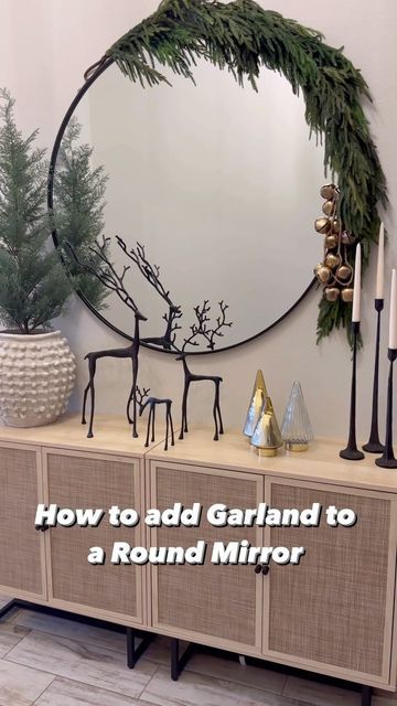 Jessika Molina shared a post on Instagram: "Hey Friends…. I’ve gotten so many requests and questions on how I hung my garland and bells to my mirror and honestly it’s rather simple. I hope this helps! As always if you want to shop the products used in this reel simply tap the blue link in my bio then select the LTK icon. All my links are available once you click the blue link in my bio as well ❤️ I hope you have a amazing weekend and until the next one ✌🏽 • • • • • • • • • • • • • • • • #h Garland Around Round Mirror, Garland On Round Mirror, Christmas Mirror Decorations, Wreath On Mirror, Christmas Mirror, Round Mirror Decor, Christmas Entry, My Mirror, Neutral Christmas Decor