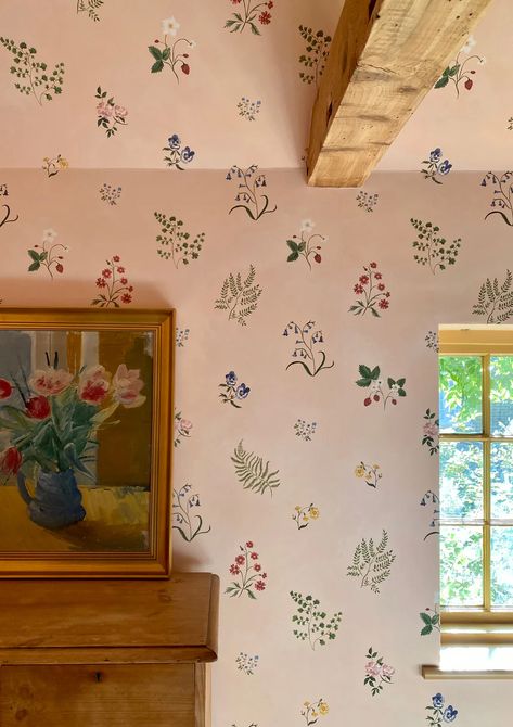 Tess Newall Loreto, Tess Newall, Wildflower Wallpaper, Flower Lamp Shade, Plant Study, Swedish Furniture, Bookcase Decor, Hand Painted Wallpaper, Plant Painting