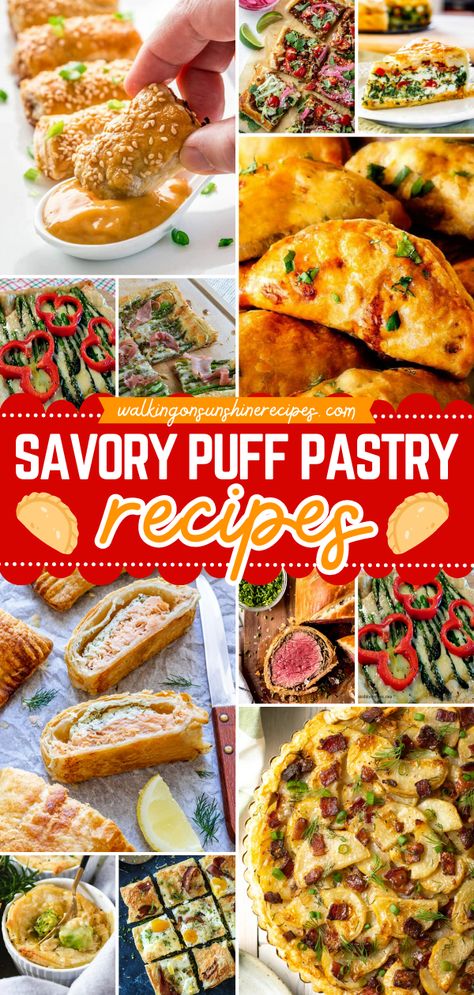 The perfect addition to any breakfast platter! This roundup features puff pastry recipes with a savory filling like pizza, pot pies, quiche, and more. You'll love them as a quick lunch recipe and a family dinner idea, too! Savory Puff Pastry Recipes, Puff Pastry Recipes Dinner, Puff Pastry Recipes Appetizers, Savoury Pastry Recipe, Puff Pastry Snacks, Puff Pastry Recipes Savory, Easy Puff Pastry Recipe, Savory Puff Pastry, Phyllo Dough Recipes