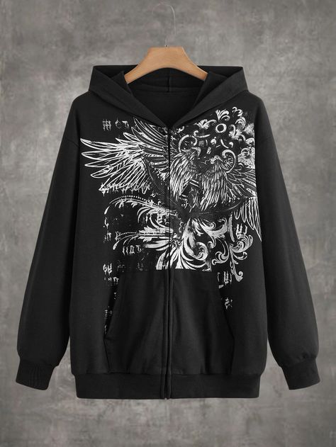 ROMWE Grunge Punk Wings Print Zip Up Hoodie | SHEIN EUR Manche, Hoodie Coat Woman, Rhinestone Skeleton, Grunge Jacket, Fall Coats, Y2k Women, Streetwear Girl, Grunge Punk, Hoodie Coat