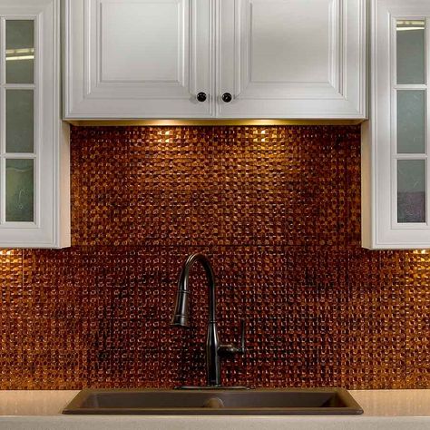 interesting take on backsplash from sink, farmhouse Ceiling Tile Backsplash, Metal Backsplash Kitchen, Contemporary Backsplash, Copper Tile Backsplash, Copper Kitchen Backsplash, Metal Backsplash, Metal Tile Backsplash, Stainless Steel Backsplash, Shiplap Backsplash