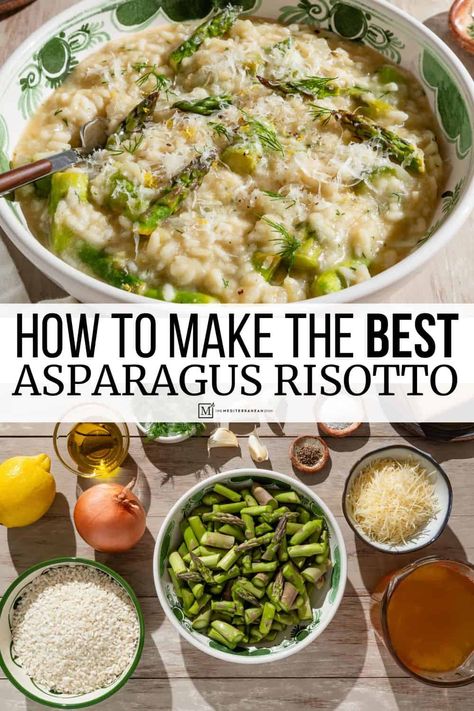 Asparagus risotto with lemon, fresh herbs and parmesan cheese is the spring risotto recipe you didn’t know you needed! Arborio Rice Recipes, Risotto Asparagus, Asparagus Dinner, Best Risotto, Asparagus Risotto, Food Thoughts, Shaved Parmesan, Thug Kitchen, Med Diet