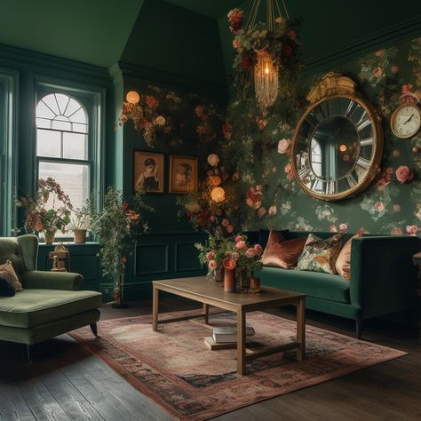 Dark Academia Cottagecore Interior, Green Academia Home Decor, Green Vintage Bedroom Ideas, Whimsigothic Interior Design, Forest Core Living Room, Cozy Green Living Room Ideas, Green Academia Living Room, Witch Home Aesthetic Living Room, Ornate Home Decor