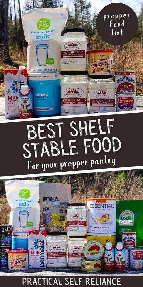 Best Shelf Stable Food: Prepper Pantry List - If you're looking for a shelf stable food list of popular perishable foods made for pantry food storage, you're going to love this list of prepper food ideas. From butter powder to powdered whole milk to powdered cheddar cheese and so much more. dehydrated food storage | long term food storage list | prepper food ideas | emergency preparedness | emergency prepping | prepper ideas for beginners Prepper Pantry List, Food Storage List, Shelf Stable Food, Preppers Food Storage, Diy Food Storage, Storing Food Long Term, Prepper Ideas, Survival Prepping Diy, Prepper Pantry