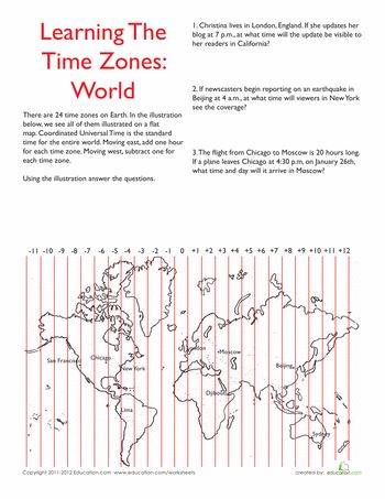 Worksheets: World Time Zones Time Zone Map, World Time Zones, Montessori Geography, Geography Worksheets, Third Grade Writing, Map Worksheets, 6th Grade Social Studies, Homeschool Geography, Social Studies Worksheets