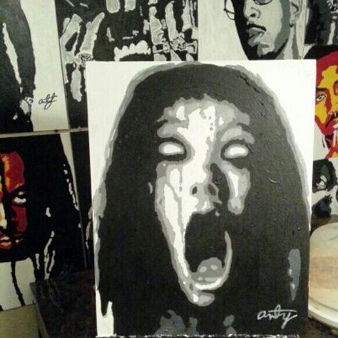 Where my horror fans at? Get this original art piece done in acrylic paint 16x20 of The Grudge for sale. Hit up the artist at creolepapi916@yahoo.com Horror Movie Paintings, Horror Paintings, Acrylic Abstracts, Scary Paintings, The Grudge, Creepy Drawings, Creative Juice, Scary Art, Horror Art