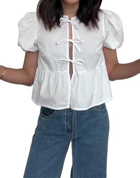 Tie Front Tops for Women Y2k Short Puff Sleeve Blouse Ruffle Hem Peplum Shirt Reversible Babydoll Tops Summer Streetwear G White at Amazon Women’s Clothing store Couture, Bow Tops For Women, Bow Blouse Outfit, Short Puff Sleeve Blouse, Y2k Blouse, Ruffle Tops Outfit, Tie Front Tops, Job Outfits, Babydoll Tops