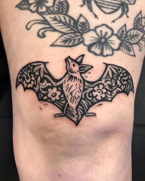 Mexican Free Tailed Bat Tattoo, Bat Wrapped Around Wrist Tattoo, Medieval Inspired Tattoos, Traditional Tattoos Goth, Traditional Style Bat Tattoo, American Gothic Tattoo, Knee Bat Tattoo, Goth Bat Tattoo, American Traditional Gothic Tattoos