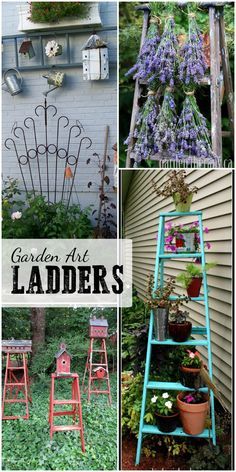 Ladder next to front door or side of garage with plants is summer and Halloween in fall....Christmas in winter....bulbs in spring. Old Wood Ladder, Ladder Trellis, Wooden Ladders, Old Wooden Ladders, Ladder Ideas, Garden Ladder, Herb Drying, Functional Garden, Food Growing