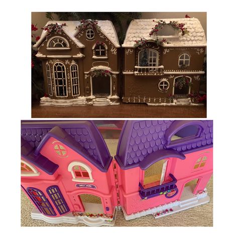 Doll House Made Into Gingerbread House, Diy Gingerbread House From Doll House, Gingerbread Dolls House, Dollhouse Into Gingerbread House, Dollhouse To Christmas House, Doll House Makeover Christmas, Doll House To Gingerbread House, Gingerbread House Doll House, Diy Gingerbread Dollhouse