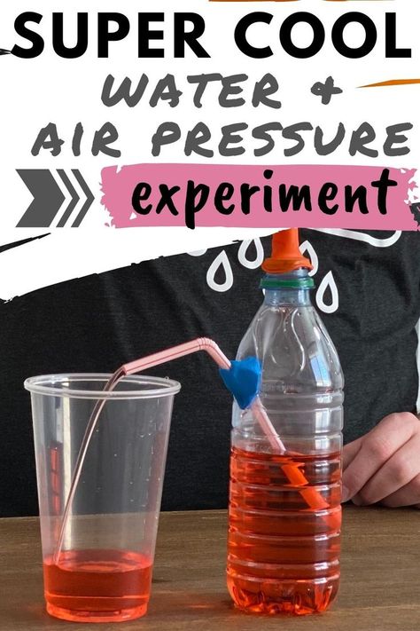 The air pressure in a balloon pushes liquid out of a bottle through a straw Diy Drink Dispenser, Air Pressure Experiments, Weather Experiments, Fun Experiments For Kids, Homeschool Science Experiments, Force And Pressure, Dispenser Diy, Cool Science, Science Experiments For Preschoolers