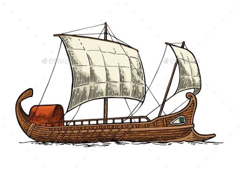 Trireme Floating on the Sea Waves Ancient Greek Ship Drawing, Trireme Art, Boat Drawing Simple, Greek Ship, Ancient Greek Tattoo, Boat Illustration, Boat Drawing, Waves Sea, Object Photography