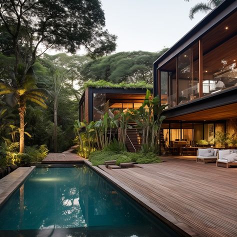 Modern wooden Brazilian houses Brazilian Style Home, Modern Brazilian Architecture, Brazilian Contemporary Architecture, Modern Jungle House, Jungle Beach House, Brazilian Interior Design, Brazilian Beach House, Beach Mansions, Brazilian Modernism