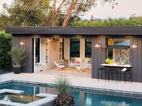 Industrial Pool House, Minimalist Pool House, Pool House Rec Room, Narrow Pool House, Garage Converted To Pool House, Small Modern Pool House, Pool And Shed Backyards, Flat Roof Pool House, Pool And Cabana Ideas