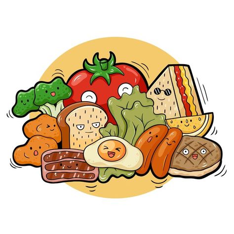 Illustration of cartoon doodle food | Premium Vector #Freepik #vector #cute-food #food-cartoon #kawaii-food #fresh-food Food Cartoon Illustration, Food Vector Art, Doodle Food, No Sodium Foods, Cartoon Doodle, Cartoon Kawaii, Food Cartoon, Food Illustration Art, Food Pyramid