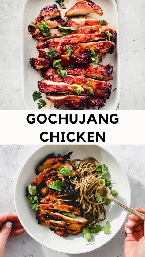 Korean gochujang chicken on platter Korean Chicken Marinade, Gochujang Chicken Thighs, Korean Gochujang Chicken, Gochujang Recipe Chicken, Rice And Kimchi, Spicy Chicken Marinades, Asian Marinade For Chicken, Asian Pantry, Gochujang Recipe