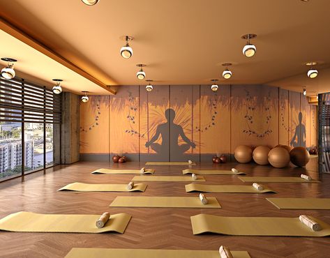 Yoga Hall, USA. on Behance Yoga Hall, Yoga Studio Interior, Sala Yoga, Meditation Room Design, Modern Boys Bedroom, Yoga Room Design, Home Yoga Room, Yoga Place, Yoga Meditation Room