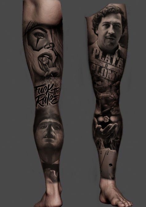 Gangsta Leg Sleeve, Full Leg Tattoo Design, Men Leg Sleeve, Chicano Style Tattoo Design, Leg Sleeve Tattoo Men Full, Chicano Leg Sleeve, Cholo Style Tattoo, Mafia Theme, Portrait Tattoo Sleeve