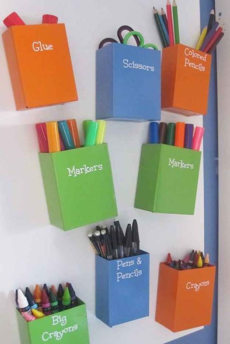 Make a magnetic art center using metal containers, magnets, and a metal board. Diy Candle Pillars, Classroom Organisation, Toy Storage Organization, Kids Room Organization, Classroom Design, Classroom Setup, Classroom Setting, Future Classroom, Teaching Classroom