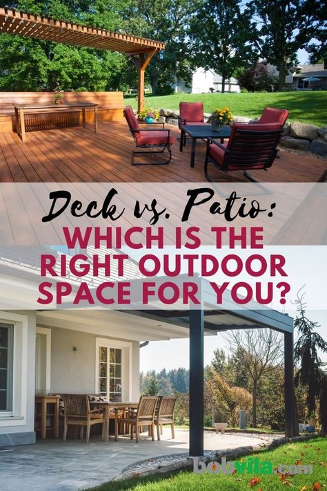 Deck vs. Patio: Which is the Right Outdoor Space for You? Deck Or Patio, Patio Or Deck, Patio Deck Designs Ground Level, Decks And Patios, Ground Level Decks, Alternative To Concrete Patio, Deck Vs Patio Backyards, Deck Vs Concrete Patio, Extended Deck Off Patio