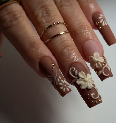 Mexican Styled Nails, Thanksgiving Nail Ideas Square, Talavera Nails Brown, Barro Inspired Nails, Cantaritos Nails, Fall Nails Latina, Mexican Inspo Nails, Charro Quince Nails, Mexican Style Nails Acrylic