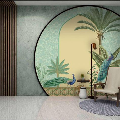 Living Room Wall Painting Ideas Indian, Wallpaper In Living Room, Wallpaper Ideas For Living Room, Bedroom Royal, Mural For Bedroom, Mughal Garden, Mughal Miniature, Temple Room, Tropical Interiors