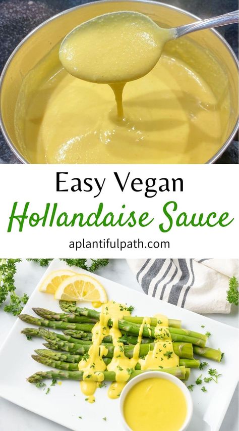 This Vegan Hollandaise Sauce is so creamy and delicious! It can be prepared in minutes, and is a perfect alternative to the traditional egg based sauce. Serve it over steamed or roasted veggies, or over your vegan eggs Benedict or vegan frittata. Hollandaise Sauce Healthy, Vegan Hollandaise, Vegan Hollandaise Sauce, Hollandaise Sauce Recipe, Recipe For Hollandaise Sauce, Oil Free Vegan Recipes, Sauce Hollandaise, Vegan Dip, Hollandaise Sauce