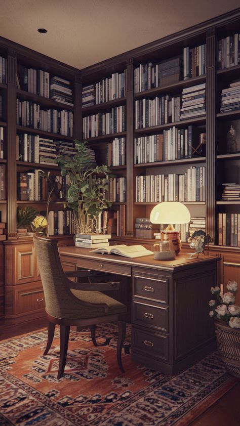 Finding the best lighting for home library rooms is simpler than you think! From moody office bookshelves to soft accent lighting, let your space shine. ✨ Curious about lighting ideas for a home office and library combo? 🤩 Create a cozy ambiance with these expert tips and enjoy the perfect blend of form and function. 📖🌟🏠 #homelibrarydesign #cozyworkspace #officeideasforsmallspaces #workstudyroom #dreamhouseinterior #homeofficesetup #cozyeleganthomeoffice #comfyhomeoffice Office With Library Bookshelves, Cozy Moody Office, Light Academia Home Office, Mini Library Small Spaces, Office And Library Combo, Home Office Lighting Ideas, Home Office And Library, Office And Library, Office Cozy