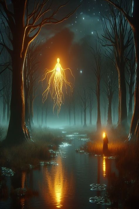 Glowing Will-o'-the-wisp Swamp Check more: https://paintlyx.com/glowing-will-o-the-wisp-swamp/ Willow Of The Wisp, The Wisp Sings Aesthetic, Will O Wisp Tattoo, Will O The Wisp Art, Willow Wisp, Will O The Wisp, Field Journal, Inktober 2024, Magical Realism