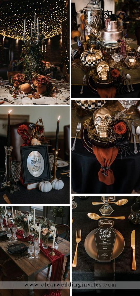 Outside Gothic Wedding, Fall Spooky Wedding Ideas, Gothic Table Decorations, Elegant Halloween Centerpieces, Halloween Classy Wedding, Witch Wedding Ideas Decor, Halloween Vow Renewal Ideas, Halloween Wedding Table Decorations, Wedding Halloween Decorations