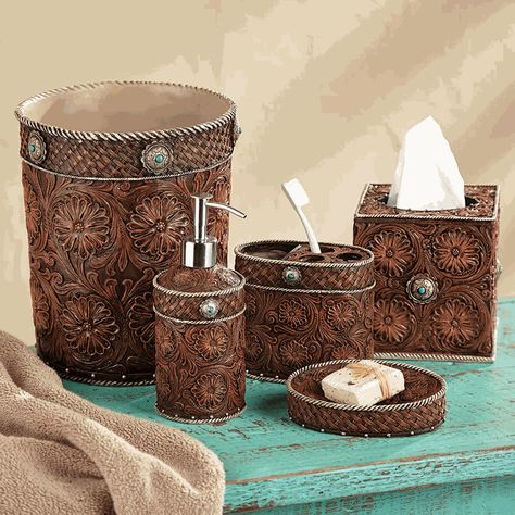 Western Tooled Leather Bath Accessories Leather Bathroom, Western Bathroom Decor, Western Bathroom, Antlers Decor, Western Bedroom Decor, Bad Accessoires, Black Forest Decor, Leather Patterns, Leather Tooling Patterns