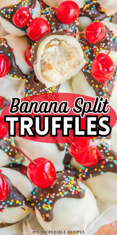 Whip up these delightful banana split truffles for a quick and easy homemade dessert that's perfect for parties or a sweet treat. This simple recipe combines the classic flavors of a banana split into bite-sized delights that both kids and adults will love. These truffles make for fantastic party food or a satisfying snack when you're craving something sweet, offering a fun twist on a beloved dessert. Try this today. Cake Pops, Banana Split Truffles, Banana Cake Balls, Cake Balls Flavors, Push Up Pops Recipes, Cute Easy Treats, Easy Desserts To Make And Sell, Cake Pop Flavors Recipes, Wine Desserts Recipes