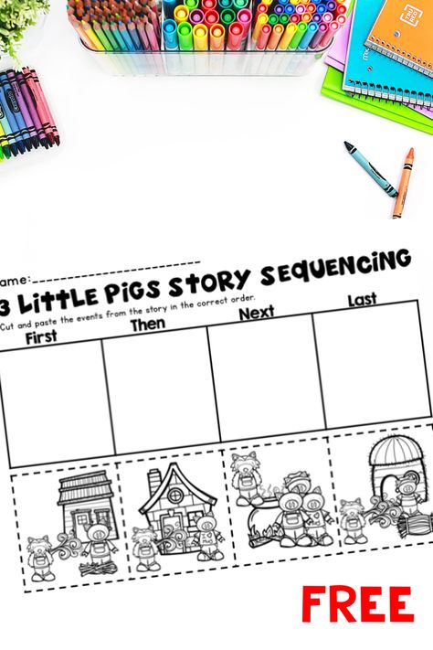 The Three Pigs Activities, Sequencing Stories Kindergarten, 3little Pigs Activities, Free Sequencing Printables, Kindergarten Story Activities, Three Little Pigs Sequencing Free, Fairy Tales Kindergarten Activities, 3 Pigs Activities, 3 Little Pigs Craft Preschool