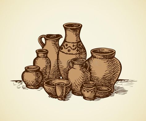 Clay Pots Of Different Sizes And Shapes. Vector Sketch Stock Vector - Illustration of dish, drawing: 76324302 Pot Drawing Design, Clay Pot Tattoo, Pottery Drawing Ideas, Clay Pot Drawing, Archeology Illustration, Jug Tattoo, Pot Drawing Ideas, Pottery Sketch, Pots Drawing