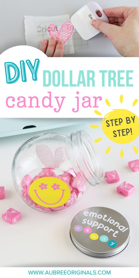 diy dollar tree candy jar step by step Diy Candy Jars Ideas, Dollar Tree Candy Jar Ideas, Classroom Candy Jar, Emotional Support Candy Jar, Candy Jar Sayings, Candy Jar For Office, Diy Teacher Candy Jar, Dollar Tree Plastic Candy Jar With Lid Ideas, Candy Jars Diy