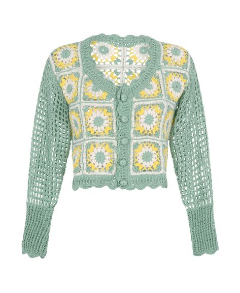 Shop Flora Cardigan Green from Peregrina at Seezona | Seezona Green Crochet Cardigan, Knitwear Outfit, Cardigan Au Crochet, Crochet Styles, Intricate Crochet, Happy Clothes, Cardigan Green, Heel Accessories, Green Crochet