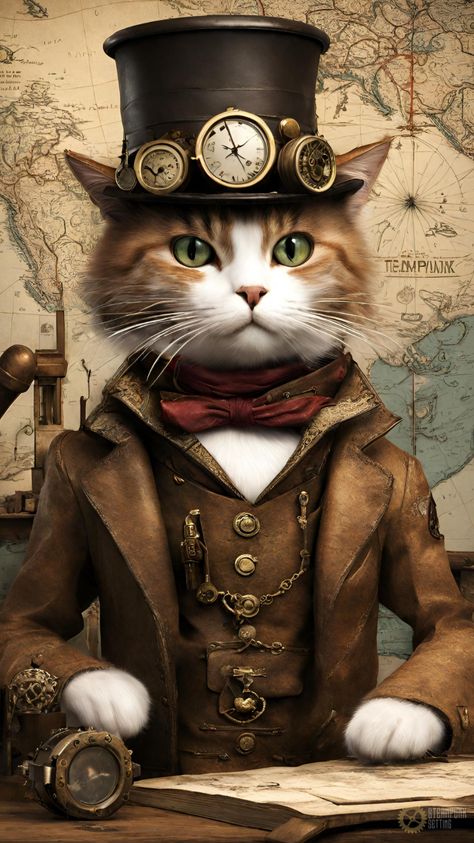 Meet the dapper feline of the steampunk world, a stylish cat donning gears and gadgets in a whimsical fusion of retro-futuristic charm. Images Of Cats, Steampunk Alice In Wonderland, Steampunk Mixed Media Art, Steampunk Diy Crafts, Steampunk World, Cat Phone Wallpaper, Steampunk Animals, Steampunk Mixed Media, Steampunk Cat