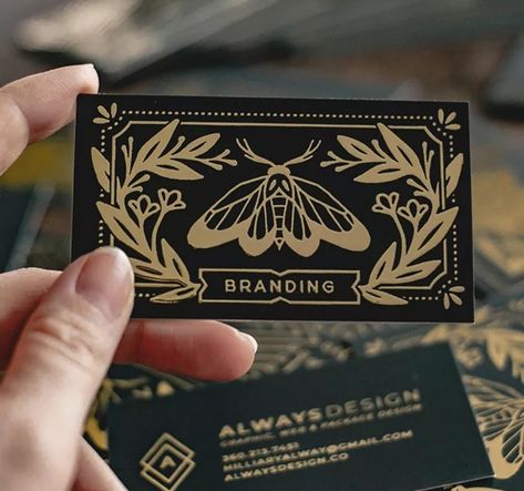 Tattoo Visit Card, Art Business Card Design, Creative Name Card Design, Gold Foil Packaging Design, Art Business Logo Ideas, Alternative Business Cards, Ux Designer Business Card, Business Card Design Aesthetic, Fantasy Business Card