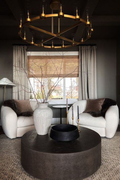 Our Sitting Room is the perfect space for that extra cup of coffee. Oversized chairs, natural elements, and a moody and cozy paint Sitting Room Ideas Cozy, Moody Living Room, Sitting Room Design, Flex Room, Living Room Inspo, Formal Living Rooms, Front Room, Round Coffee Table, Sitting Room