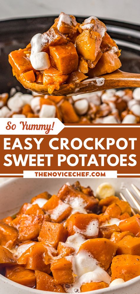 Crockpot Thanksgiving Recipes, Crockpot Sweet Potato Casserole, Crockpot Sweet Potatoes, Wedges Potato, Crockpot Thanksgiving, Sweet Potato Casserole Crock Pot, Crock Pot Sweet Potatoes, Sweet Potatoes With Marshmallows, Sweet Potato Dishes