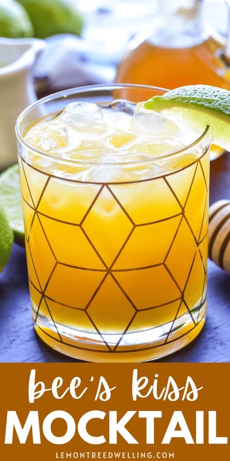 This 3-ingredient mocktail combines the citrusy flavors of orange and lime with a sweet honey simple syrup in a non-alcoholic drink everyone can enjoy! Honey Beverage Recipes, Mock Tails To Order At A Bar, Honey Syrup For Cocktails, Fun Mocktail Recipe Fall, Lemon Drop Mocktails, Gold Drinks Non Alcoholic, Bedtime Mocktail Recipe, Honey Drink Recipe, Energy Drink Mocktail