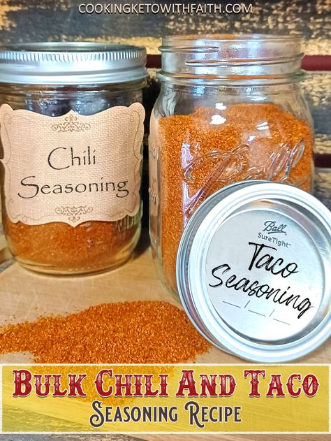 Bulk Chili And Taco Seasoning Chili Seasoning Mix Recipe, Steamed Wontons, Bulk Recipes, Chili Seasoning Recipe, Keto Taco Seasoning, Homemade Dry Mixes, Chicken And Rice Dishes, Taco Mix, Keto Sauces