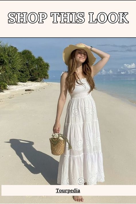 Outfit Details: Maxi Summer Dress in White Straw Bucket Bag Wide Brimmed Sun Hat Beach Essentials | Travel Essentials | Beach Look Flowy Dress Beach, Beach Outfit Dress, Straw Bucket Bag, Dress With Hat, White Flowy Dress, Maxi Summer Dress, Wide Brim Sun Hat, Holiday Essentials, Beach Essentials