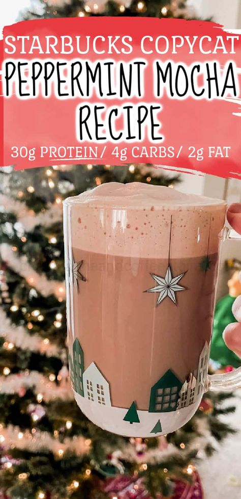 This is a protein packed low carb skinny peppermint mocha copycat recipe! So easy to make Seasonal Coffee Drinks, Peppermint Mocha Creamer, Peppermint Mocha Recipe, Coffee Recipes Hot, Smoothie Recipies, Starbucks Peppermint Mocha, Iced Coffee Protein Shake Recipe, Coffee Protein Shake, Mocha Recipe