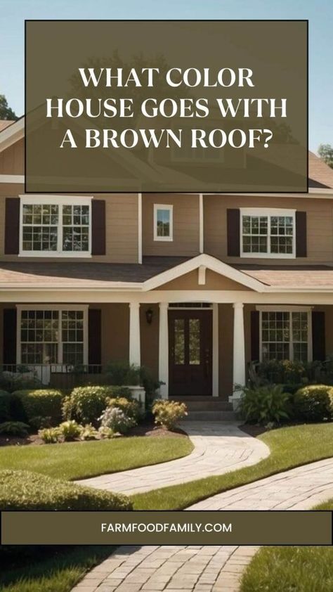 What Color House Goes with a Brown Roof: Ideal Palettes for Curb Appeal 18 Grey Siding Brown Roof, Brown Roof Color Scheme, House Brown Roof Exterior Paint, Exterior Paint For Stucco House Ideas, Brown Roof Exterior Paint Ideas Modern, Exterior House Colors Tan Roof, Houses With Tan Roofs, Grey House With Brown Roof, Brown Roof Black Trim