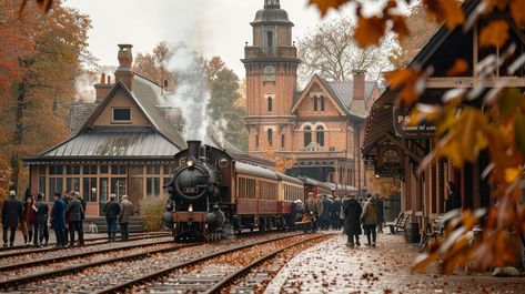 #Vintage #TrainStation: Historic #train ready to depart from an #oldfashioned station with #passengers waiting amidst a #fall setting. #train #station #autumn #leaves #passengers #aiart #aiphoto #stockcake ⬇️ Download and 📝 Prompt 👉 https://stockcake.com/i/vintage-train-station_565200_570439 Old Train Station Aesthetic, Train Station Photography, Train Station Aesthetic, Railroad Track Pictures, Vintage Train Station, Train Village, Town Inspiration, Track Pictures, Drawing Study